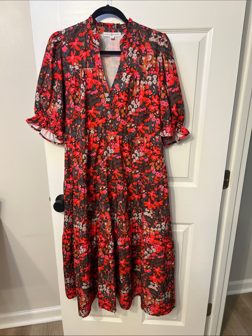Michelle McDowell Brown Midi Dress with Red and Pink Floral Print
